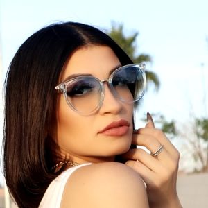 Retro Babe Rounded Cat Eye Sunglasses Translucent Blue/Gold Tone Frame Blue Lens